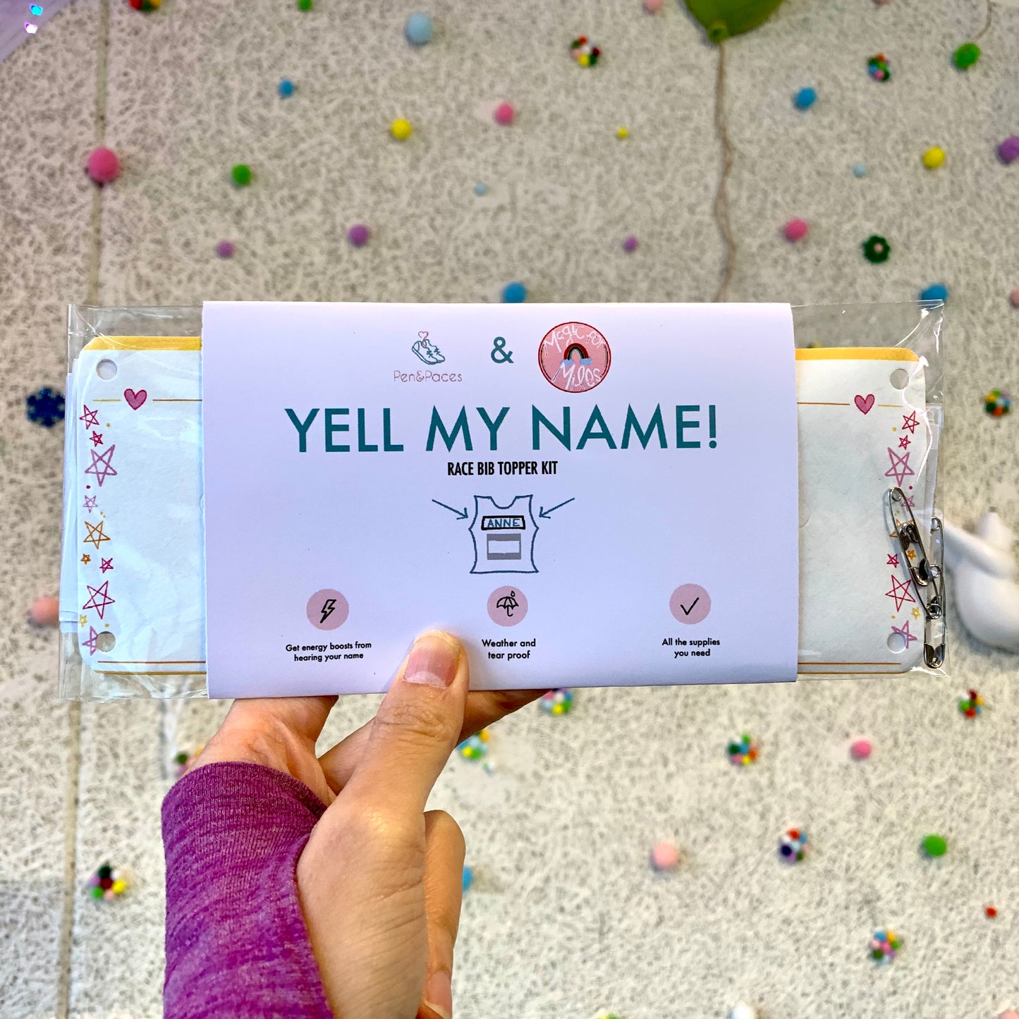 Magic for Miles Collaboration Yell my name race bib topper kit!
