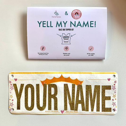 Magic for Miles Collaboration Yell my name race bib topper kit!