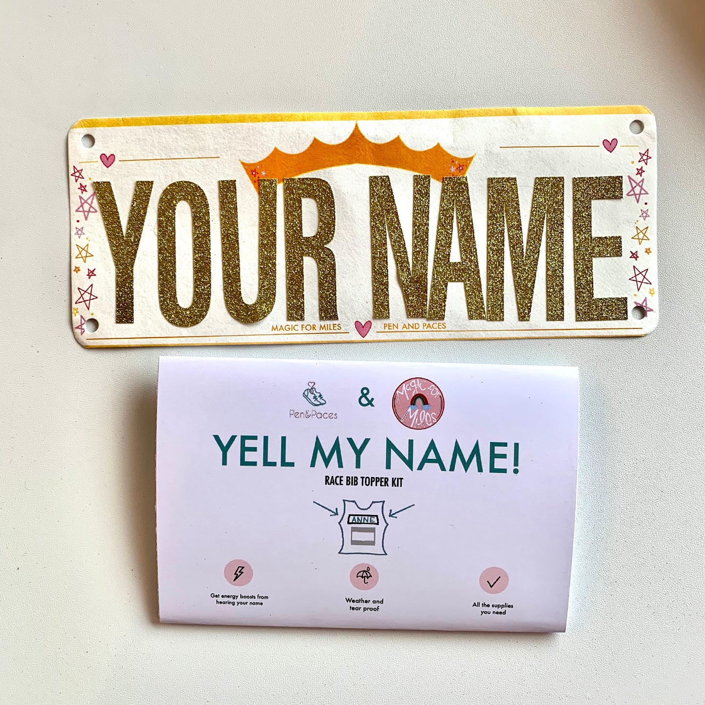Magic for Miles Collaboration Yell my name race bib topper kit!