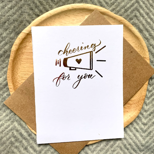 Cheering you on gold foil card, card for encouragement and confidence.