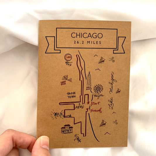 Chicago 26.2 card, Kraft paper Chicago 26.2 map card, Chicago 26.2 map art gift