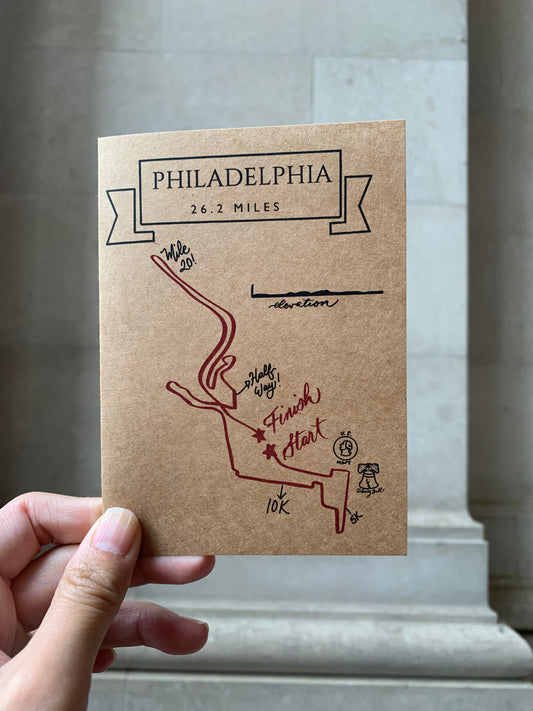 Philadelphia 26.2 card, Kraft paper Philly 26.2 map card, Philly 26.2 map art gift