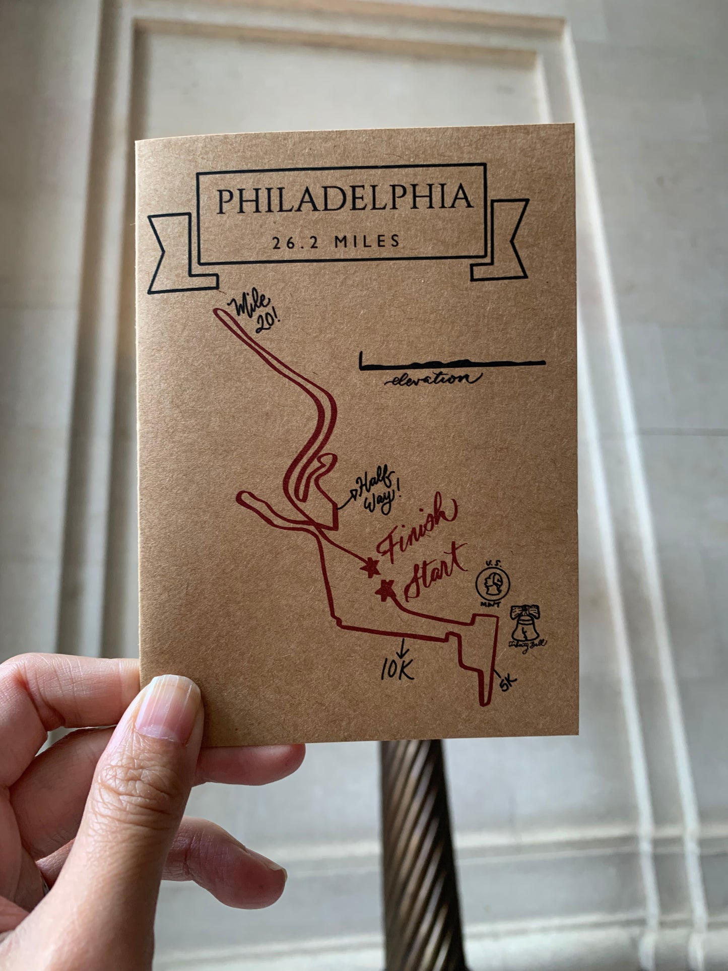 Philadelphia 26.2 card, Kraft paper Philly 26.2 map card, Philly 26.2 map art gift
