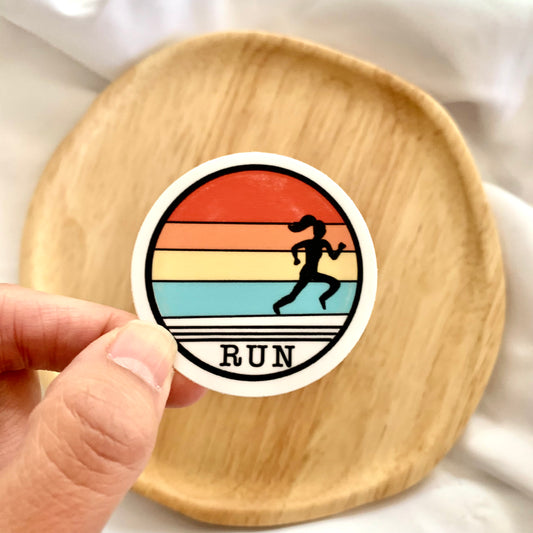 Retro run sticker with female silhouette, sticker for runner, women runner sticker
