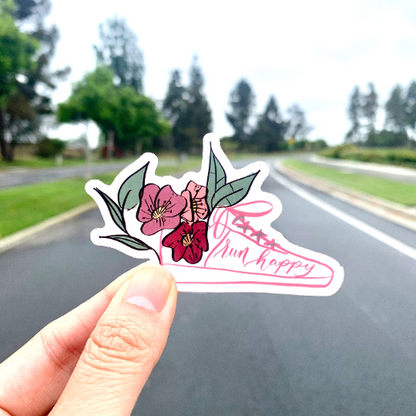 Run happy sticker,  floral sneaker running sticker